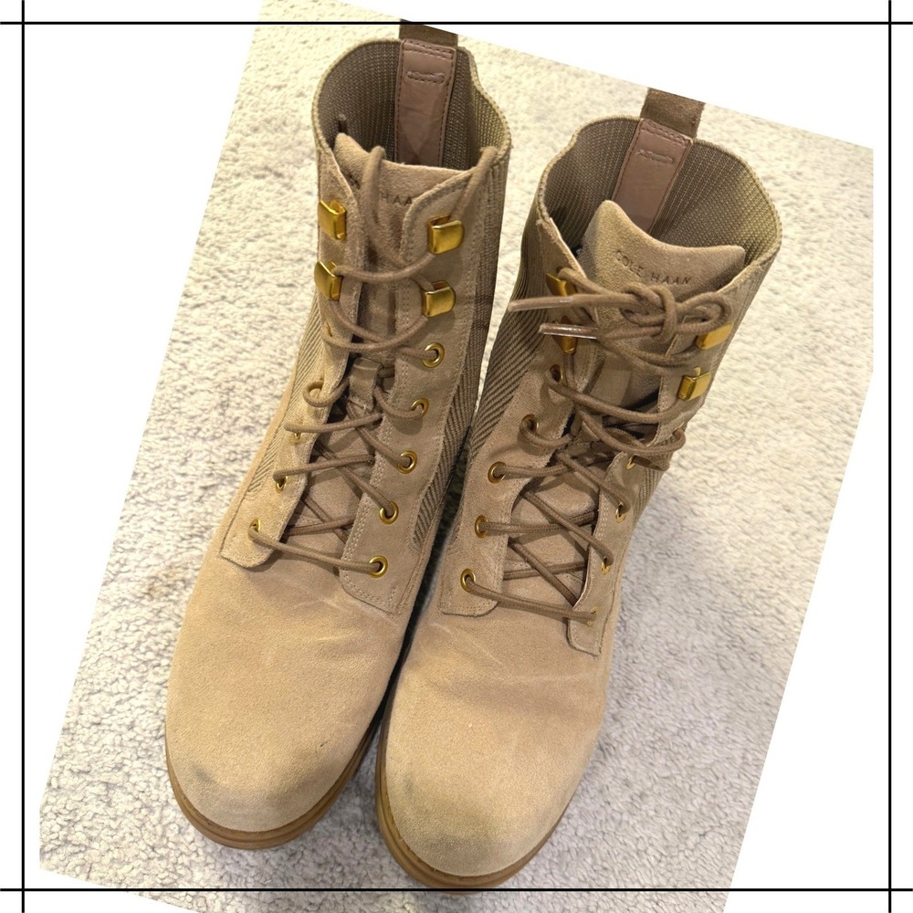 Cole Haan Zerogrand Explorer Hiker Boots Tan Suede Knit Collar Gold Hardware 11B